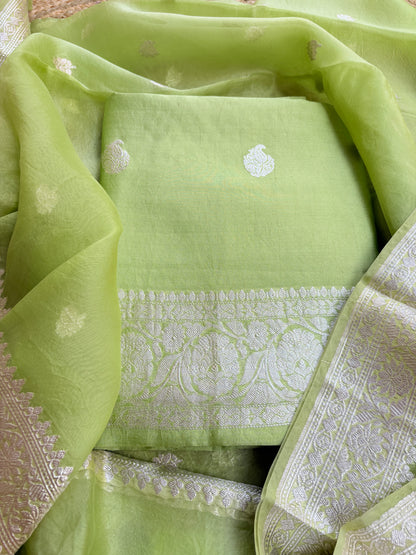 Lime green Chiniya kora silver zari suit set