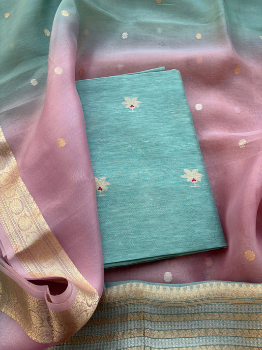 Blue linen silk kadhwa with kora silk shaded dupatta