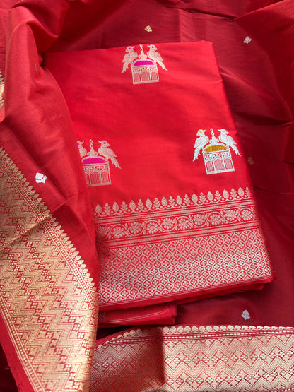 Red katan by katan silk kadhwa suit with tissue dupatta