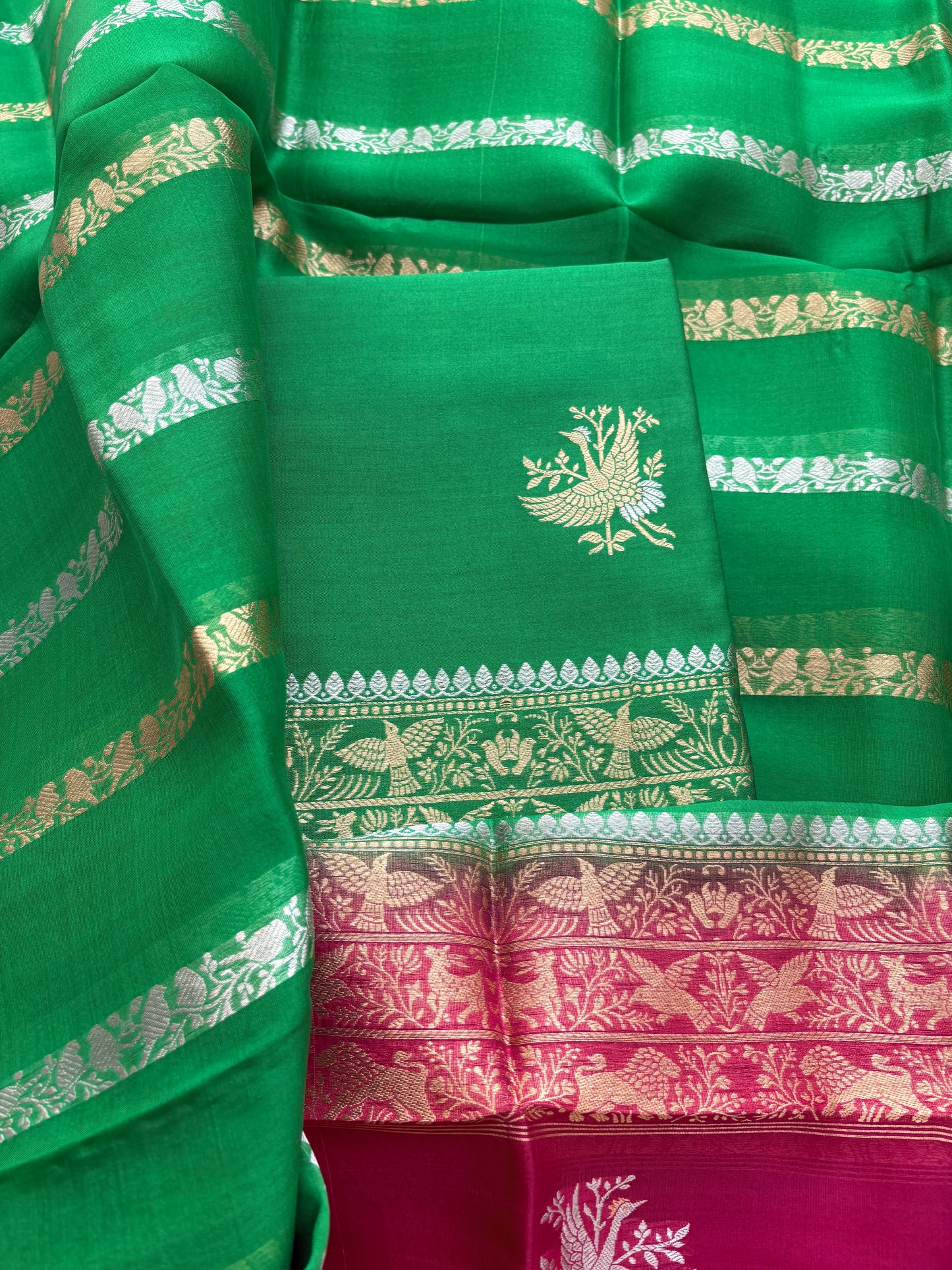 Green mango silk with kora silk stripe dupatta