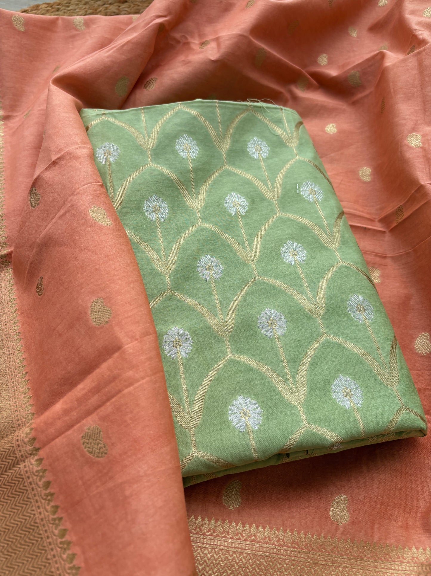 Green kurta with peach dupatta cotton silk suit set