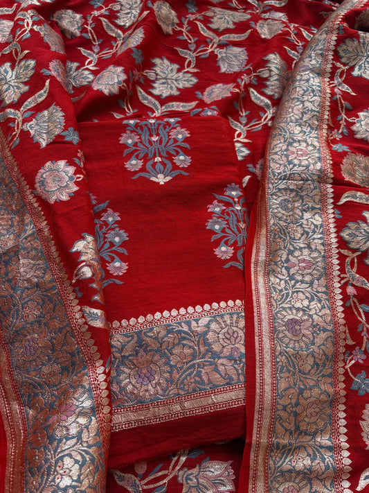 Red moonga silk full jaal handwoven suit set