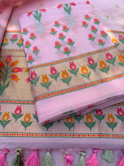 Pink meenadar flower design Chanderi cotton suit set
