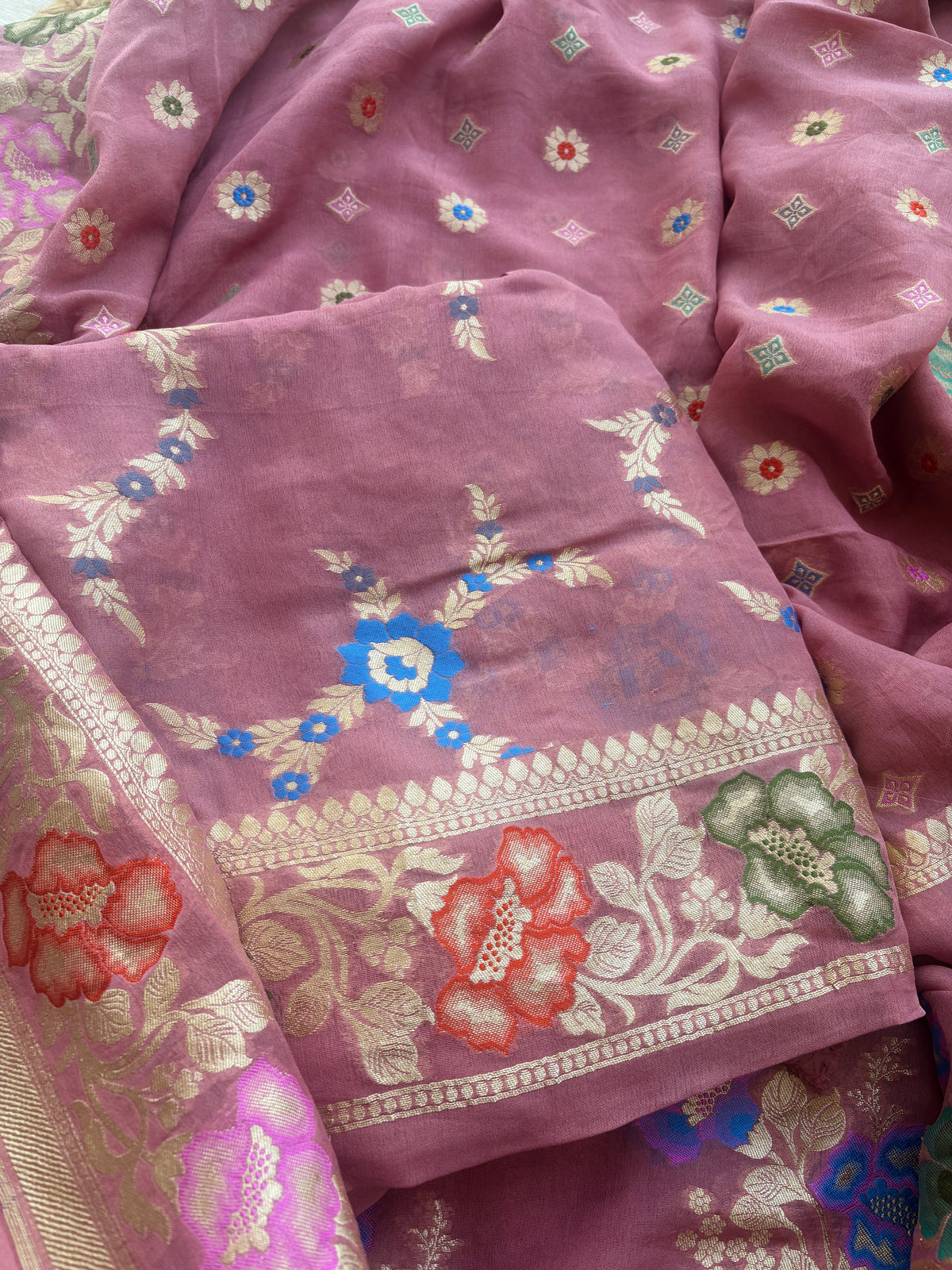 Peach meenadar weaving Khaddi georgette suit set