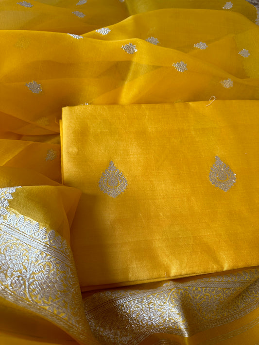 Yellow silver zari chiniya kurta, kora silk dupatta and plain bottom