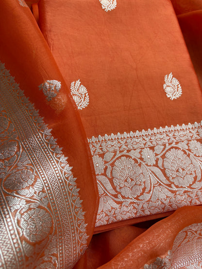 Orange Chiniya kora silver zari suit set