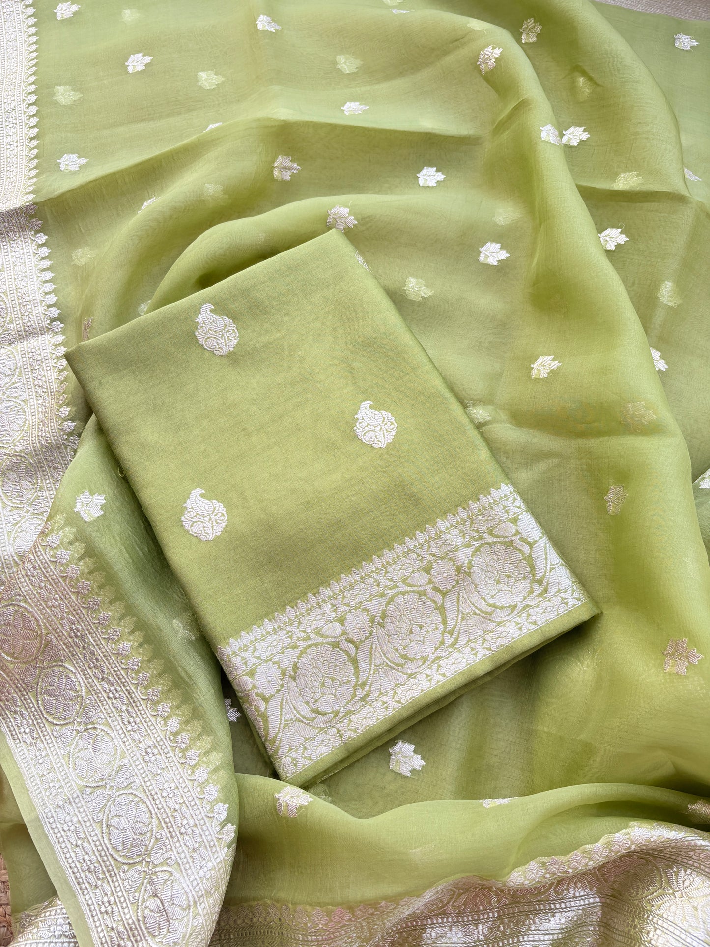 Green Chiniya silk pure silver zari suit set
