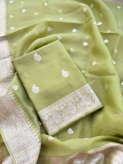 Green Chiniya silk pure silver zari suit set