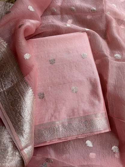 Pink silver zari Chiniya kora silk suit set