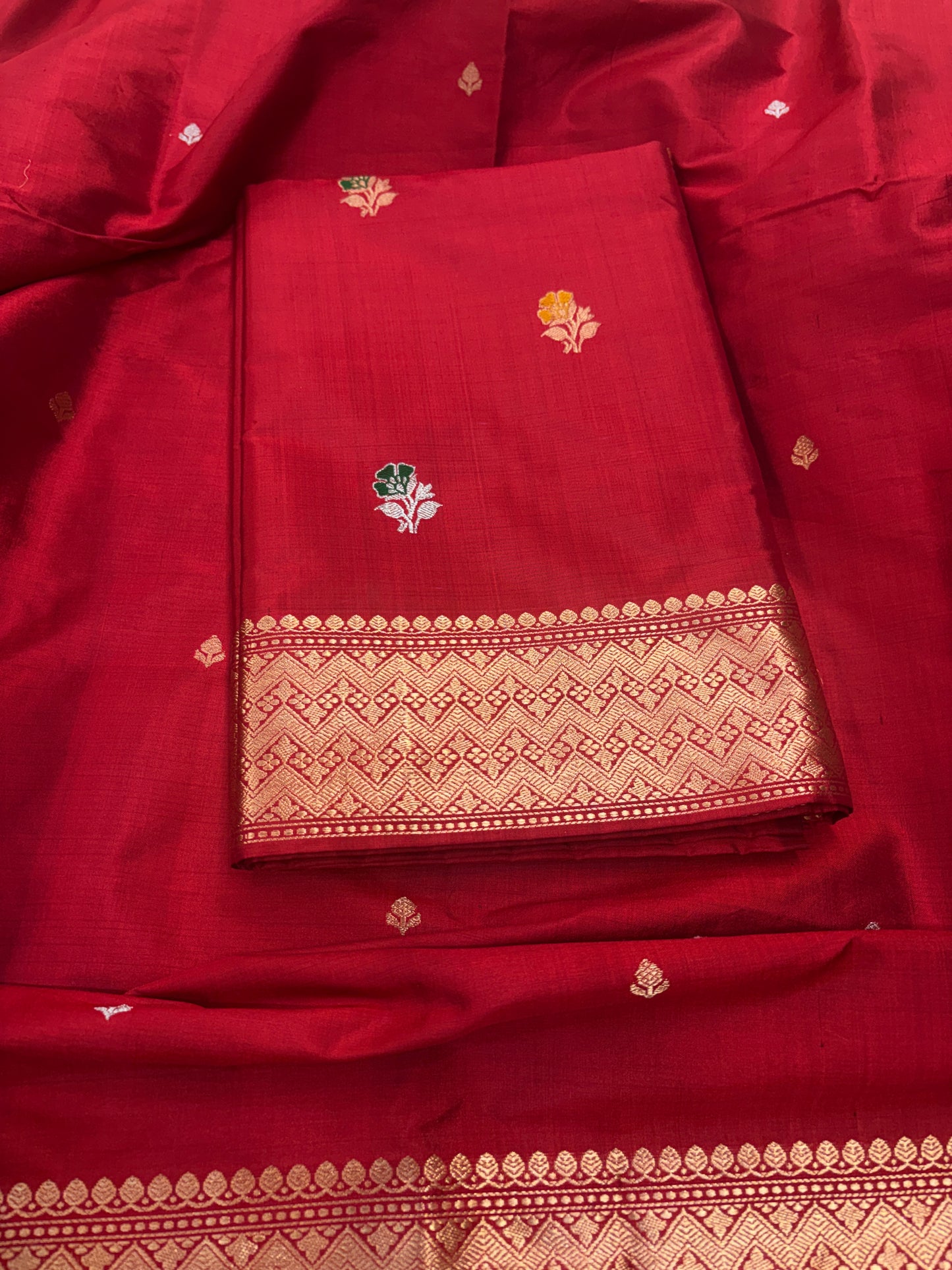 Red katan by katan silk kadhwa suit set