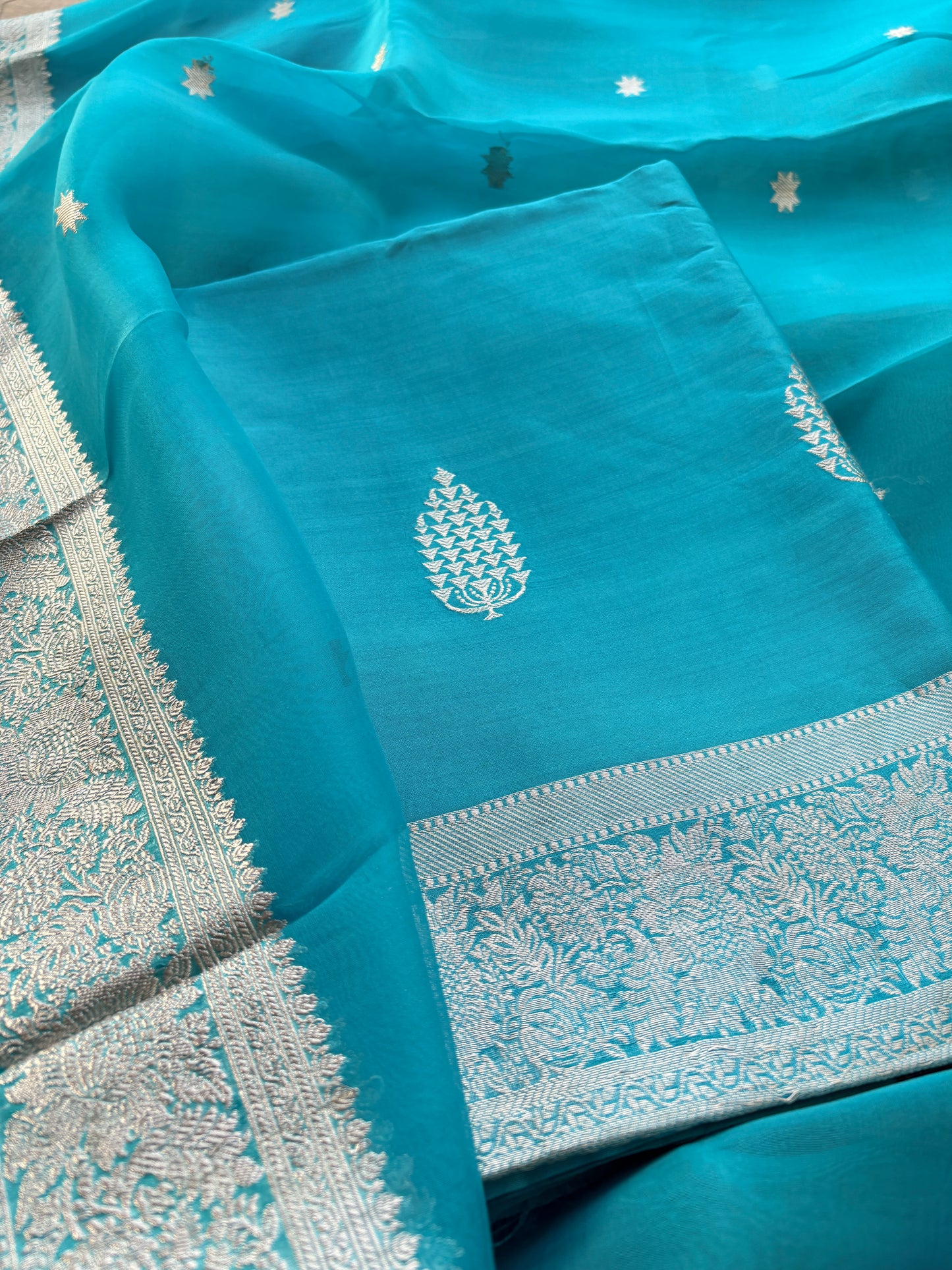 Blue Chiniya Kora silk silver zari suit set