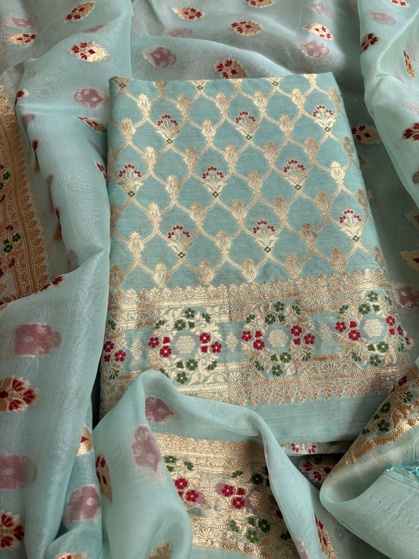 Blue moonga silk kurta, kora silk kadhwa dupatta , plain bottom