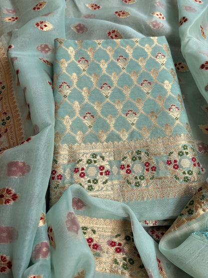 Blue moonga silk kurta, kora silk kadhwa dupatta , plain bottom