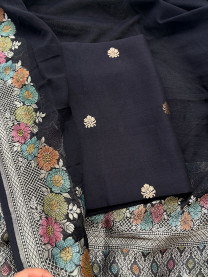 Black Chiniya silk suit set with Khaddi georgette meenadar dupatta
