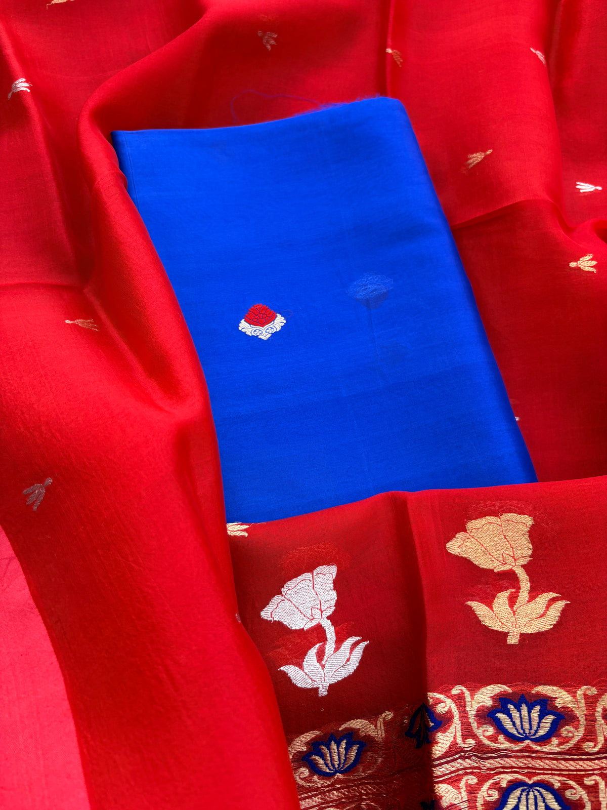 Blue kora suit with red kora silk dupatta