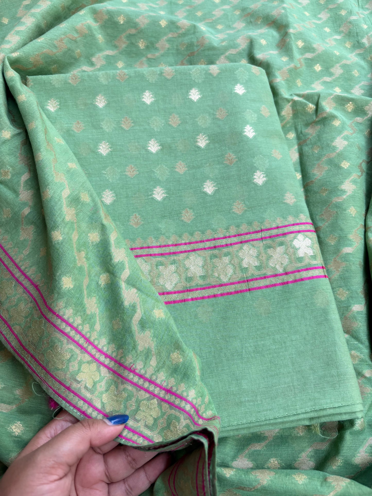 Green jamdani cotton 3 piece suit set