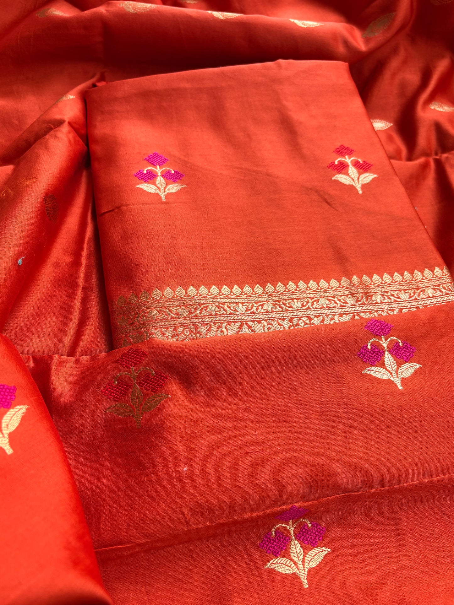 Rust orange Chiniya silk kadhwa suit set.