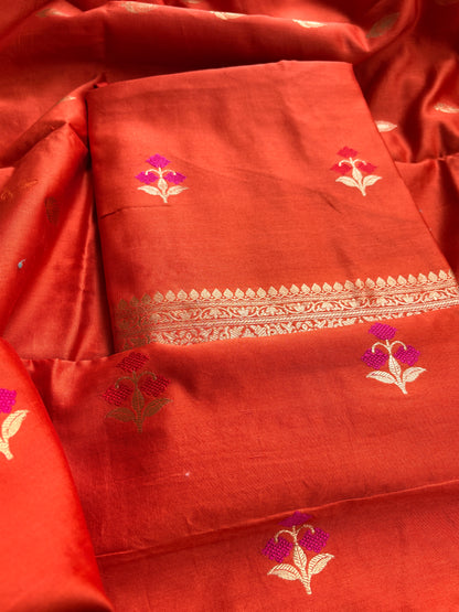 Rust orange Chiniya silk kadhwa suit set.