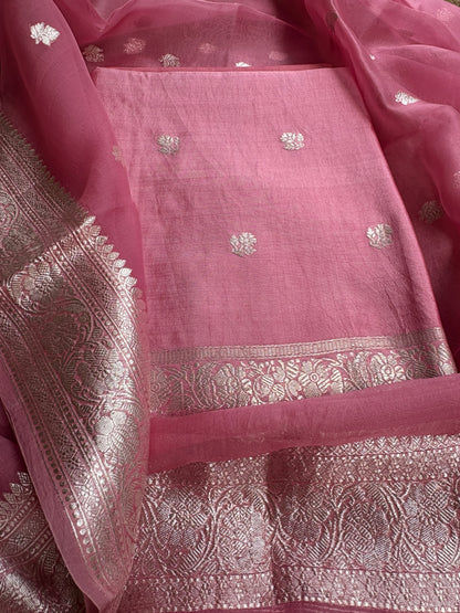 Pink silver zari Chiniya kora suit set