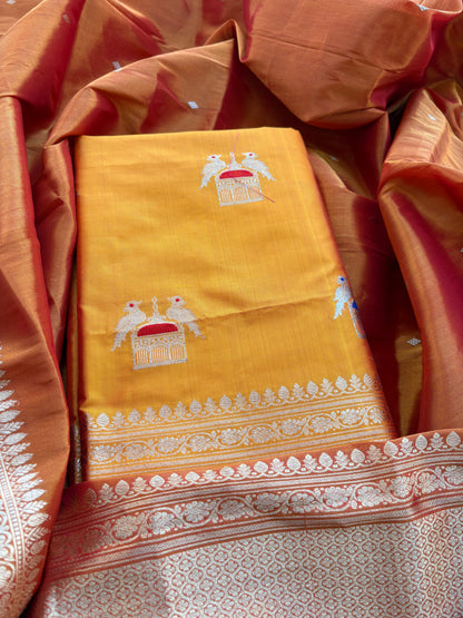 Yellow katan by katan silk with tissue kadhwa dupatta