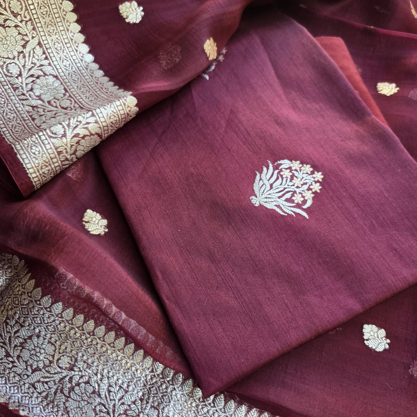 Maroon chiniya sona Rupa kadhwa kurta, kora silver zari dupatta, plain bottom