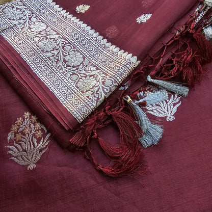 Maroon chiniya sona Rupa kadhwa kurta, kora silver zari dupatta, plain bottom