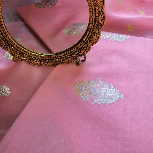 Pink pure silver zari chiniya kurta, kora dupatta, plain silk bottom.