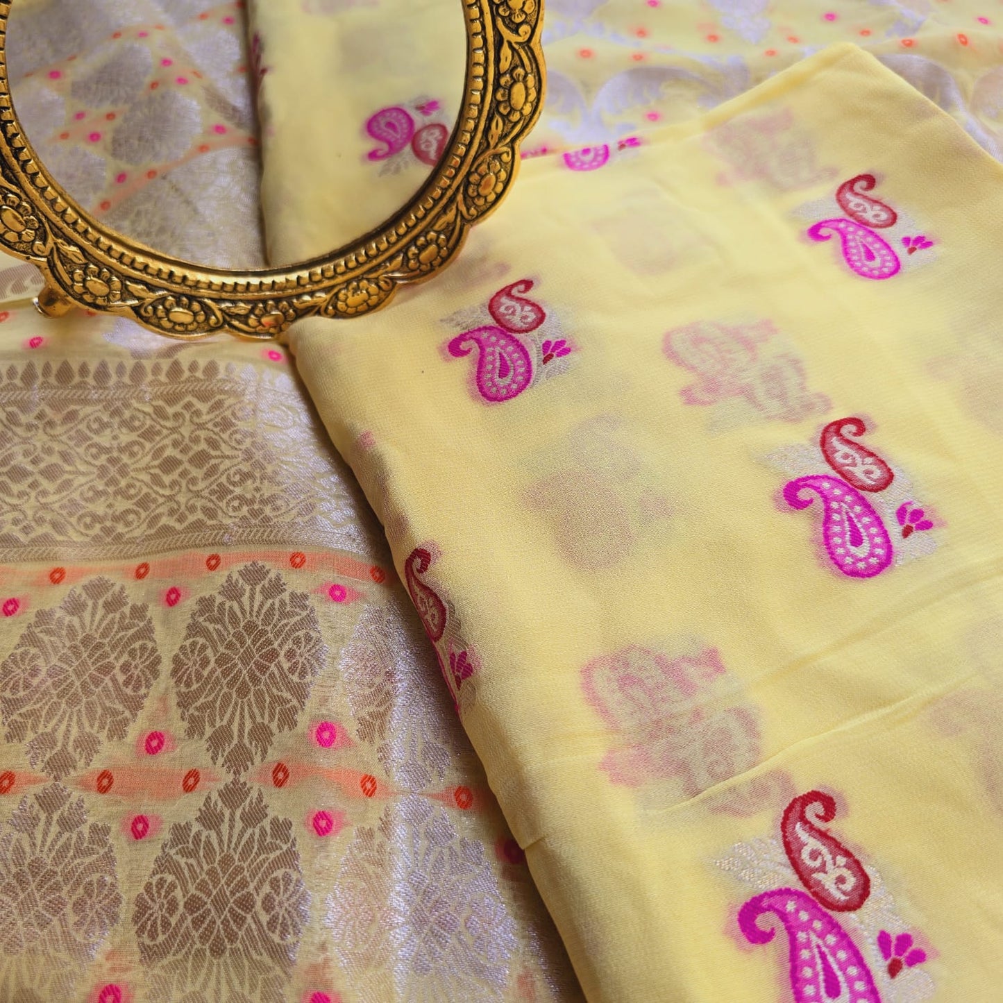 Yellow premium georgette Meenakari suit set