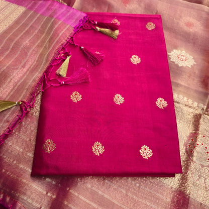 Pink chiniya katan silk kurta, tissue meendar dupatta and plain bottom