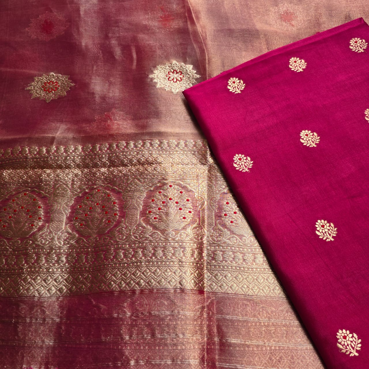 Pink chiniya katan silk kurta, tissue meendar dupatta and plain bottom