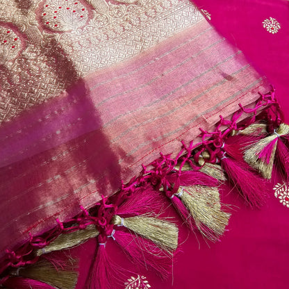 Pink chiniya katan silk kurta, tissue meendar dupatta and plain bottom