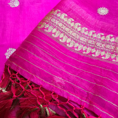 Rani pink chiniya kurta, kora silk dupatta and plain bottom.