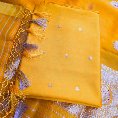 Yellow chiniya kurta, kora meendar dupatta and plain bottom