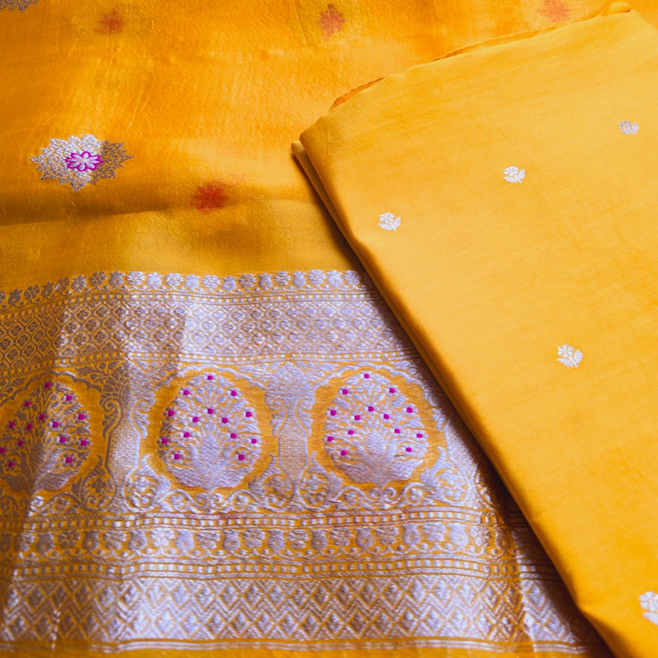 Yellow chiniya kurta, kora meendar dupatta and plain bottom