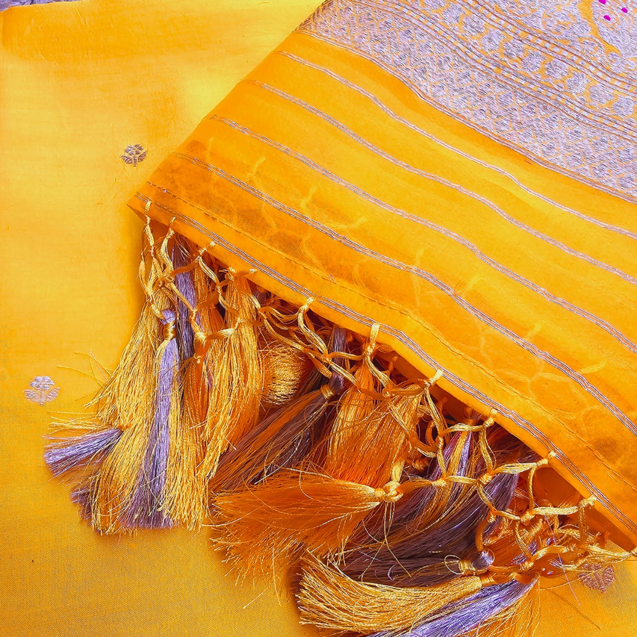 Yellow chiniya kurta, kora meendar dupatta and plain bottom