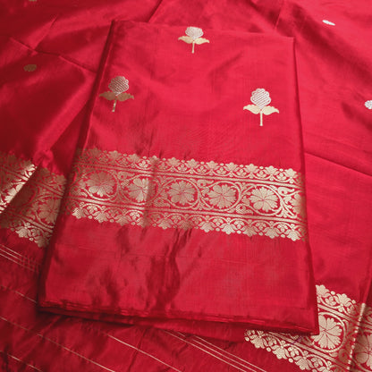 Red katan silk kadhwa weave sona Rupa 3 piece suit set.