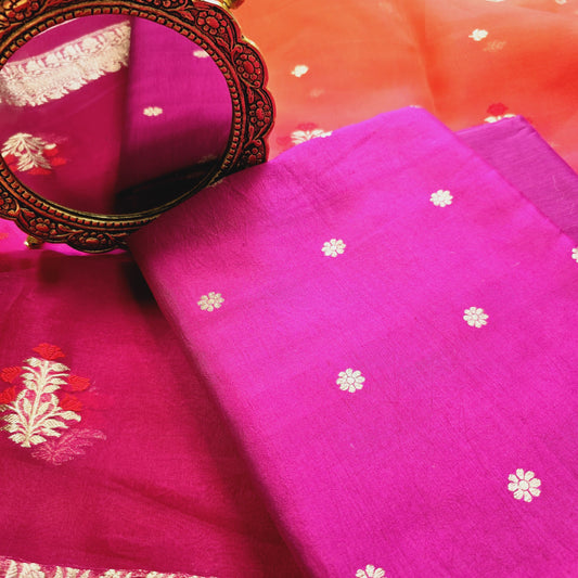 Pink chiniya silk kadhwa kurta, plain bottom and kora shaded dupatta