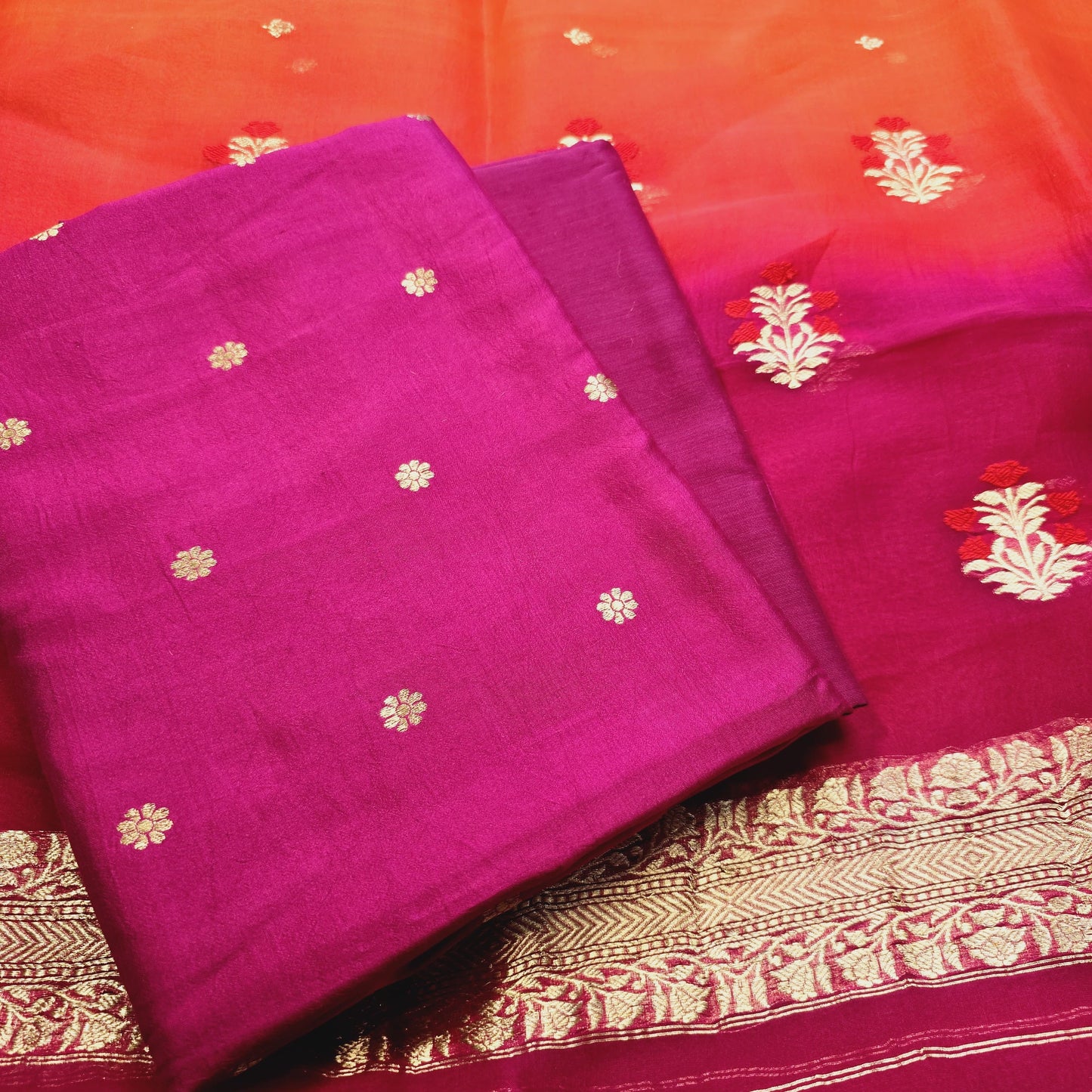 Pink chiniya silk kadhwa kurta, plain bottom and kora shaded dupatta