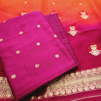 Pink chiniya silk kadhwa kurta, plain bottom and kora shaded dupatta