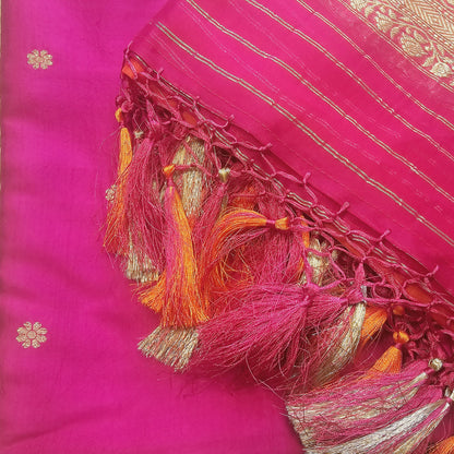 Pink chiniya silk kadhwa kurta, plain bottom and kora shaded dupatta