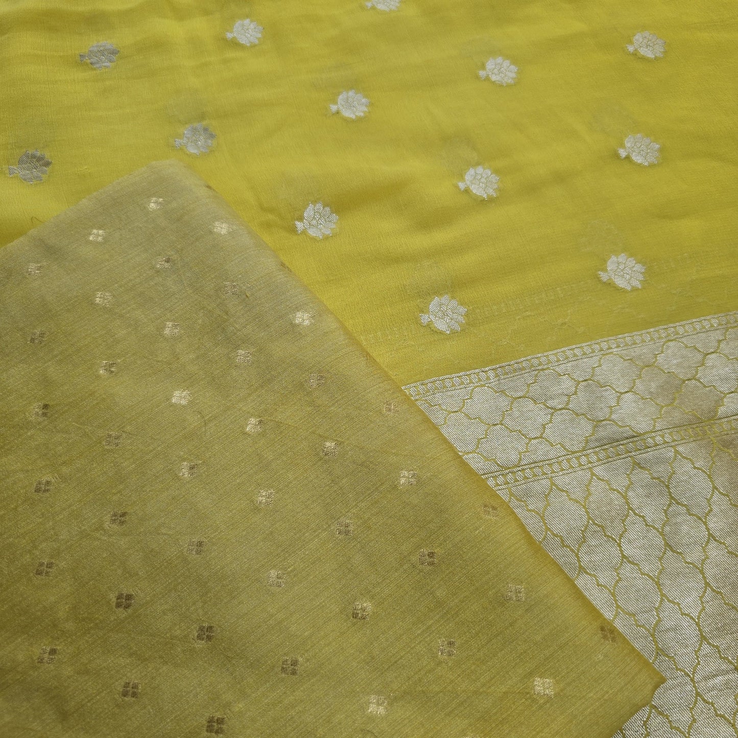 Lemon moonga kurta, khaddi georgette dupatta and plain moonga bottom