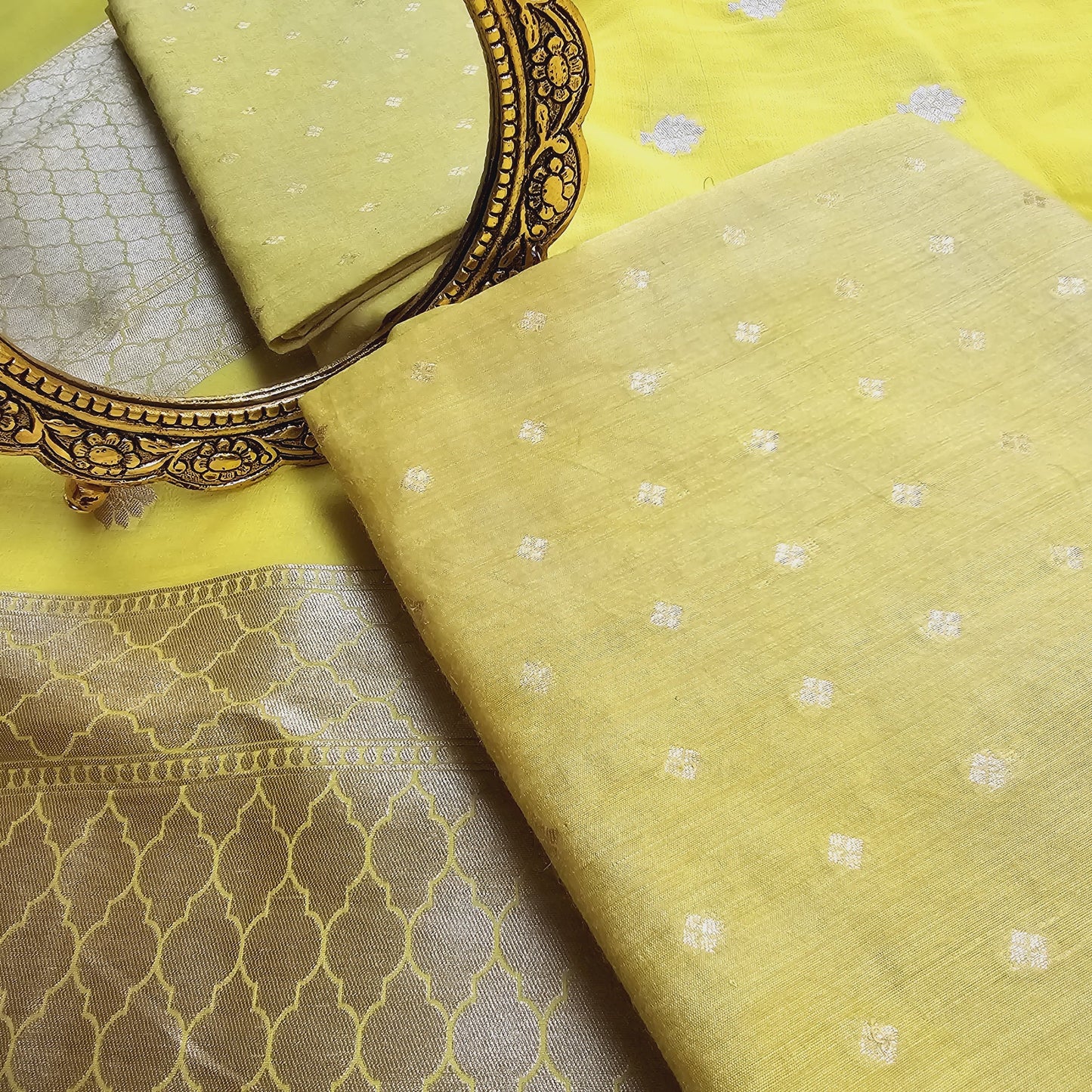 Lemon moonga kurta, khaddi georgette dupatta and plain moonga bottom