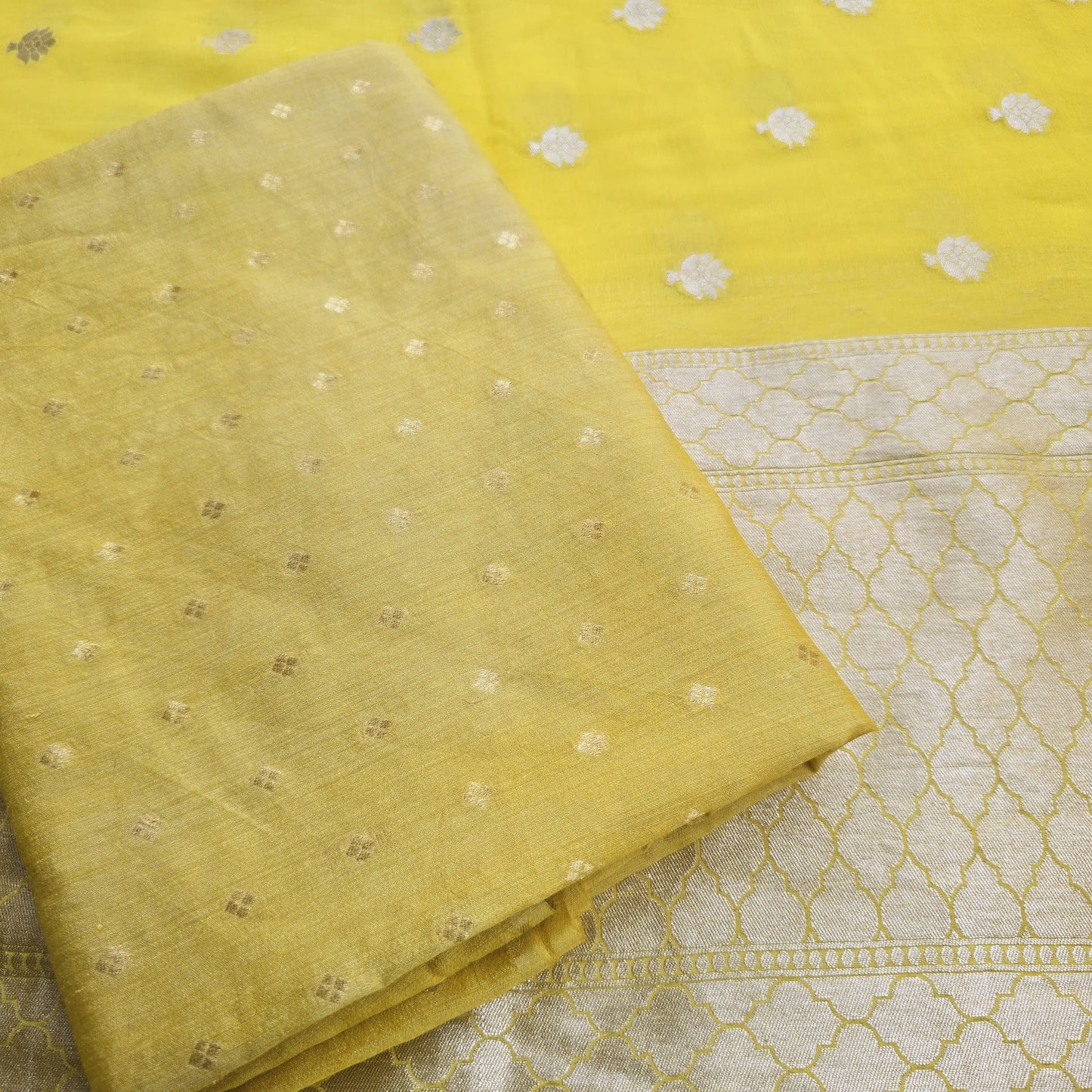 Lemon moonga kurta, khaddi georgette dupatta and plain moonga bottom