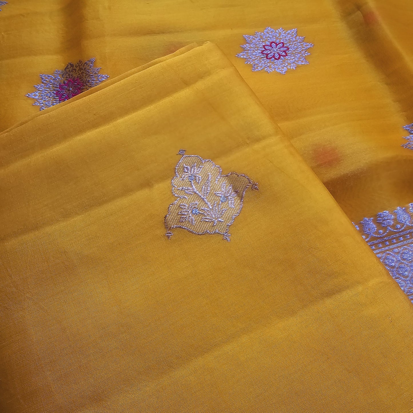 Yellow chiniya silk kurta, meenadar dupatta and plain bottom