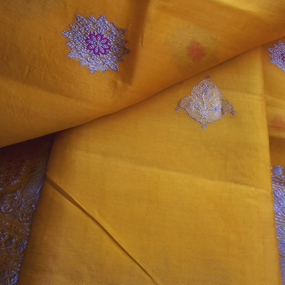 Yellow chiniya silk kurta, meenadar dupatta and plain bottom