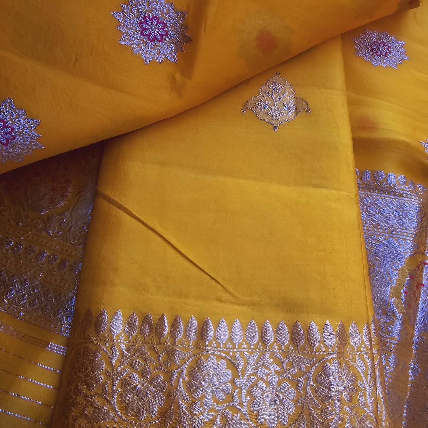 Yellow chiniya silk kurta, meenadar dupatta and plain bottom