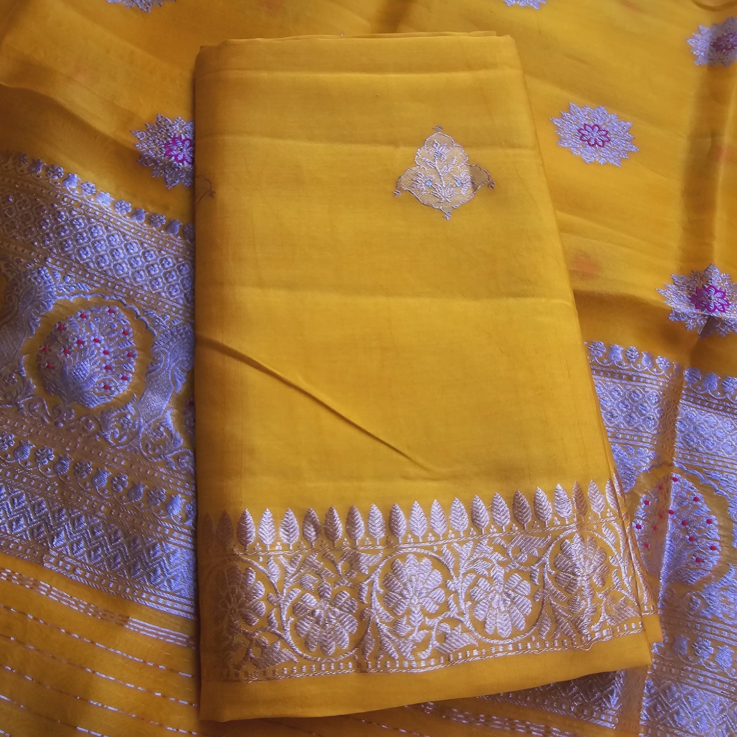 Yellow chiniya silk kurta, meenadar dupatta and plain bottom