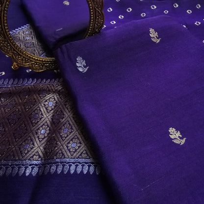 Purple moonga silk suit with bandhani moonga dupatta, moonga bottom.