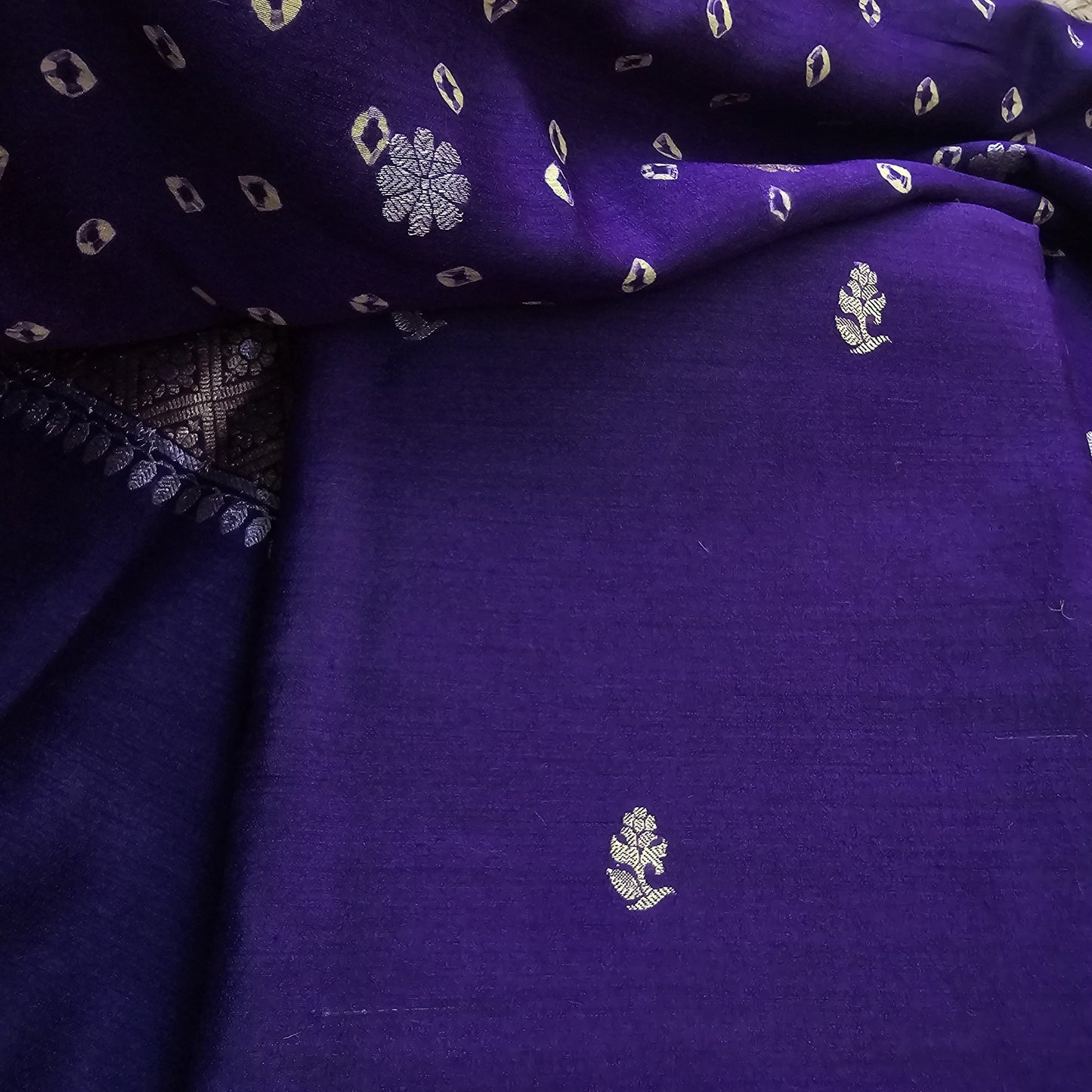 Purple moonga silk suit with bandhani moonga dupatta, moonga bottom.