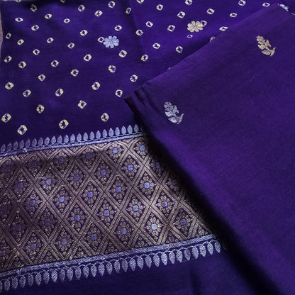 Purple moonga silk suit with bandhani moonga dupatta, moonga bottom.